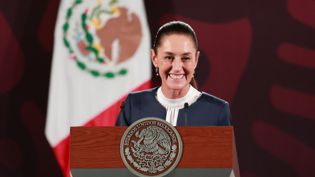 President-elect of Mexico Claudia Sheinbaum stands at a podium during a press conference at the Palacio Nacional in Mexico City on June 10, 2024.