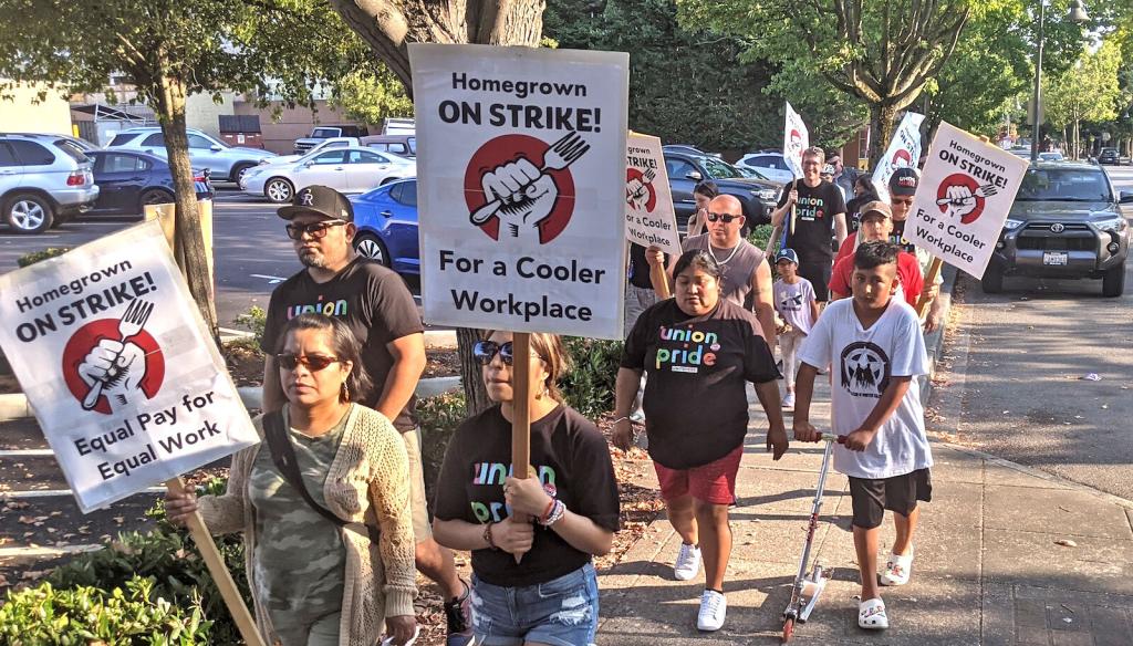 People walk on the sidewalk holding picket signs that say 'Homegrown on strike!'