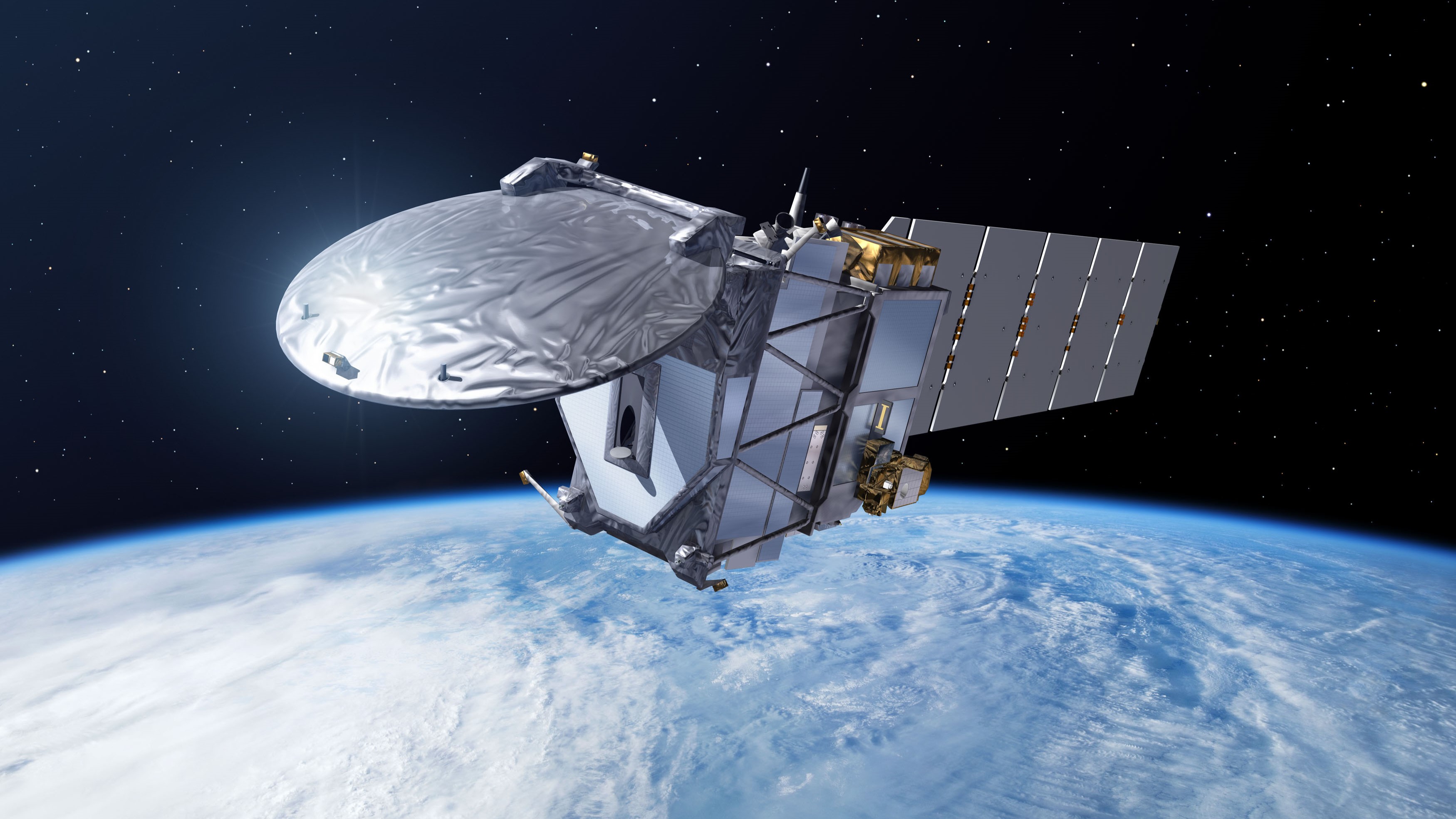 An artistic rendering of the EarthCARE satellite with radio antenna extending from the front and a tail of solar panels sticking off the back flies above the cloudy Earth