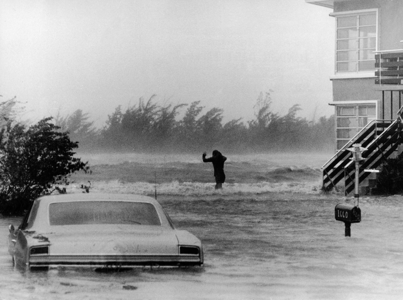 Old, black and white photo of a resident wading through floodwaters in windy conditions