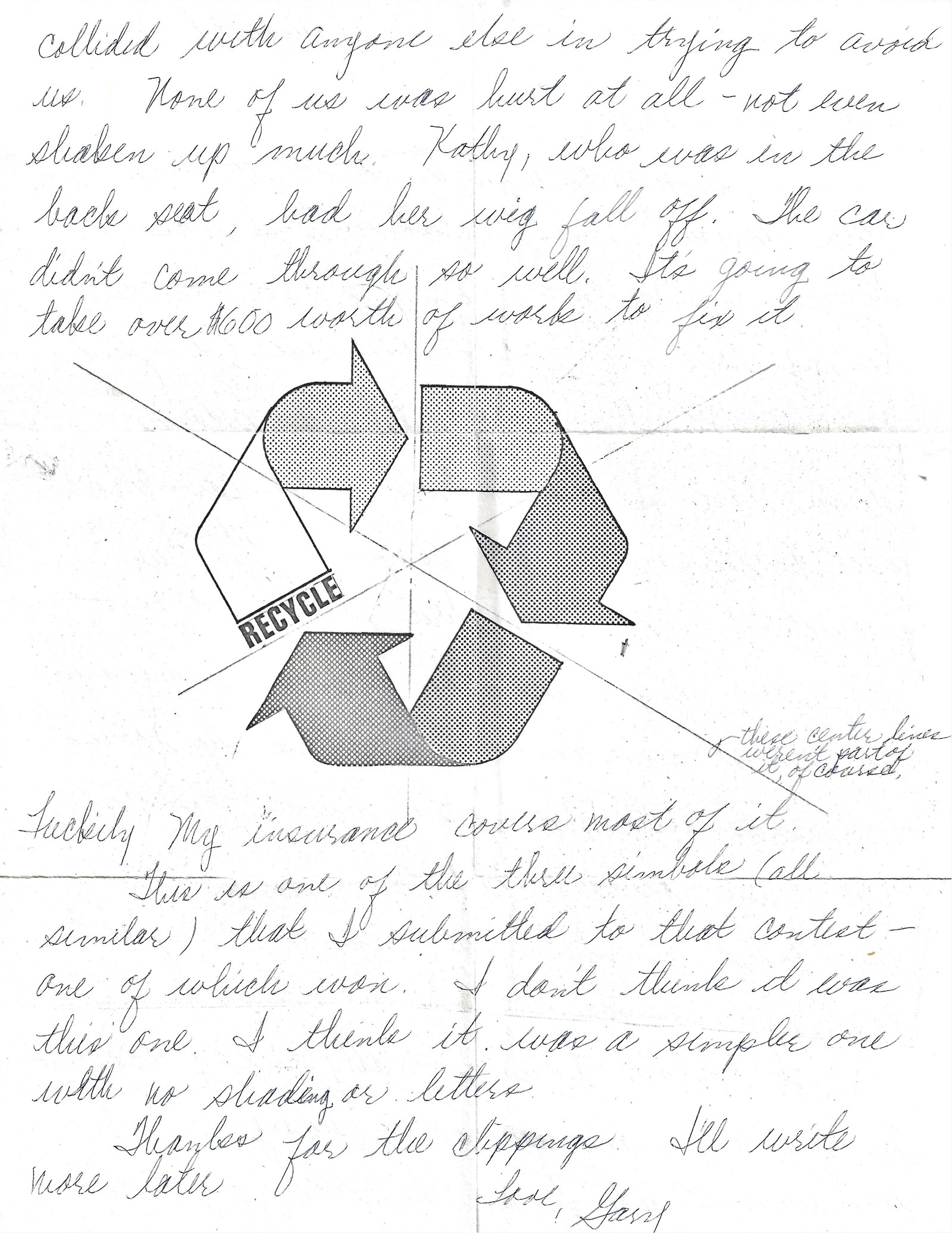 A handwritten letter with the recycling symbol on it