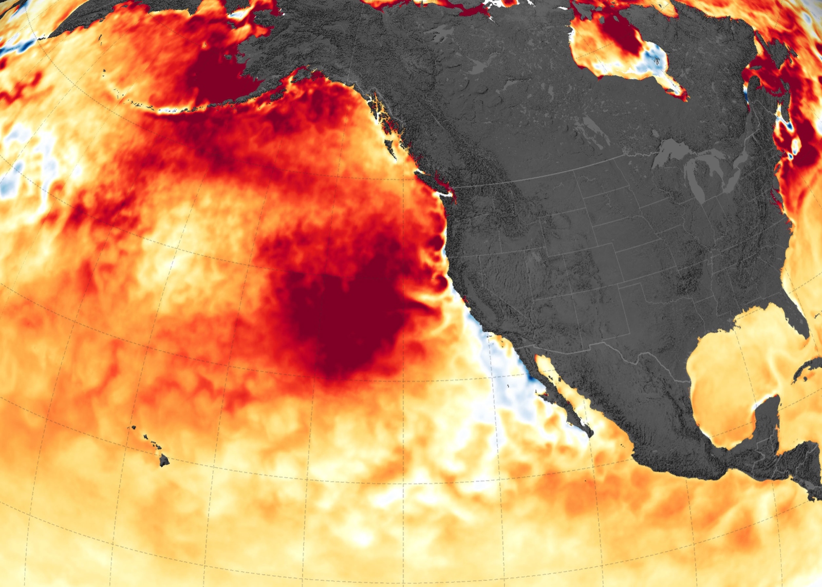 A map showing heat over the Pacific in yellow and red.