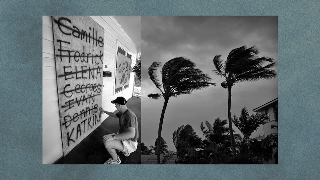 Digital collage of man spray painting the name Katrina on a board with previous hurricane names crossed out alongside a photo of storm clouds and palm trees blowing in wind