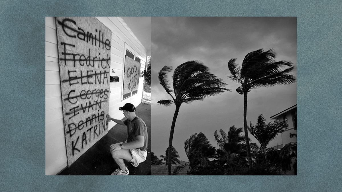 Digital collage of man spray painting the name Katrina on a board with previous hurricane names crossed out alongside a photo of storm clouds and palm trees blowing in wind