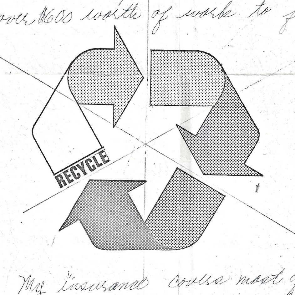 A square crop of a handwritten letter with the recycling symbol on it