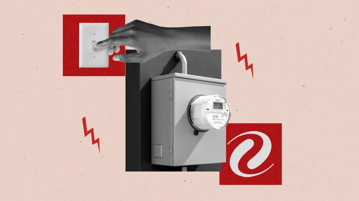 digital collage of a Black hand turning off a light switch, an electric meter, and the logo for Xcel Energy