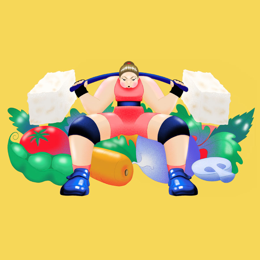 Illustration of a female weightlifter lifting two giant pieces of tofu, surrounded by vegetables