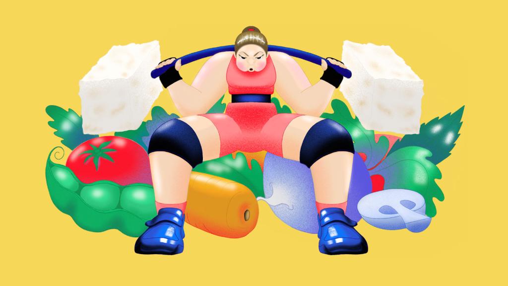 Illustration of a female weightlifter lifting two giant pieces of tofu, surrounded by vegetables