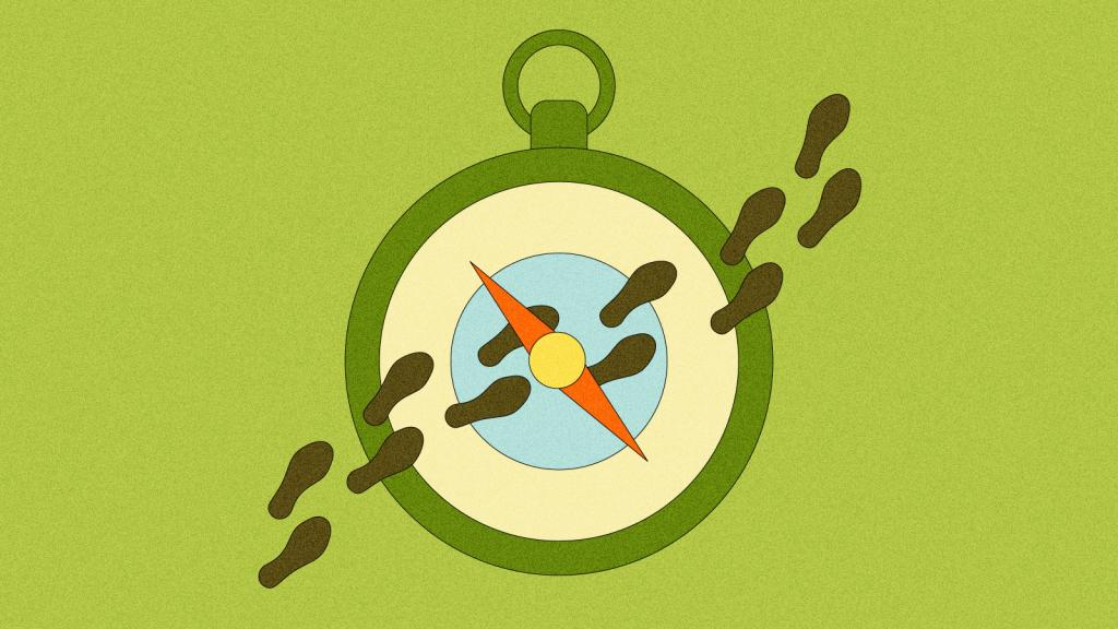 Illustration of a compass with a trail of footsteps walking through the center