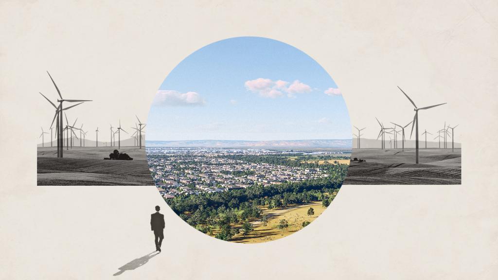 a collage of a person looking at a circle filled with a color rendering of the proposed city 'California Forever.' Outside of the circle, the landscape consists of dry fields and turbines