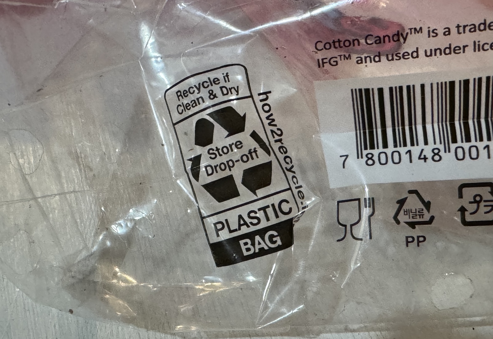 Close-up of a recycling label on a transparent plastic bag. It reads 