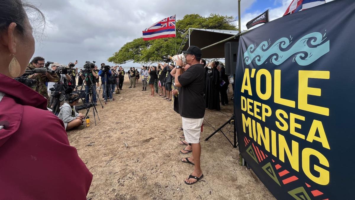 Dozens gather to protest deep-sea mining in Hawaii in December 2023.