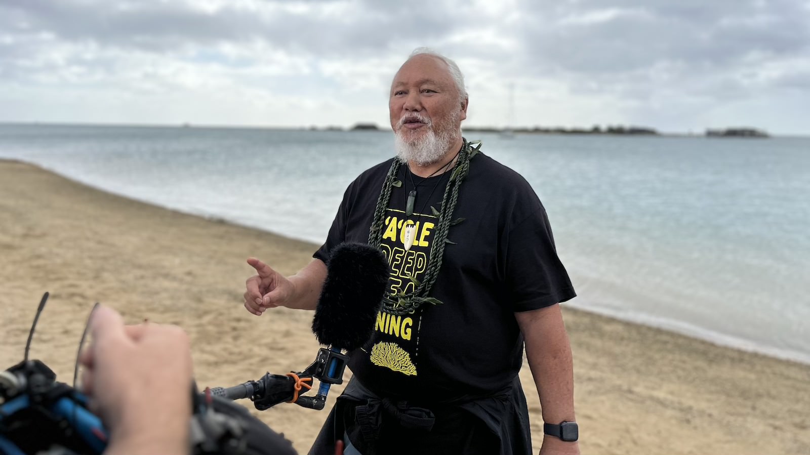 Solomon Kahoʻohalahala, a Native Hawaiian activist, speaks out against deep-sea mining during a press conference in Honolulu in December 2023.
