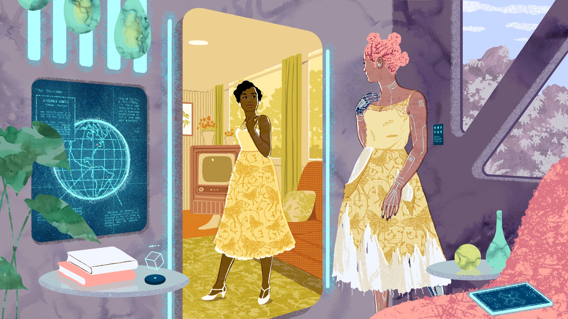 Illustration shows a woman in a futuristic room wearing a tattered yellow dress. She is looking in a mirror and the reflection shows a woman wearing a pristine yellow dress standing in a 1950s-style room.