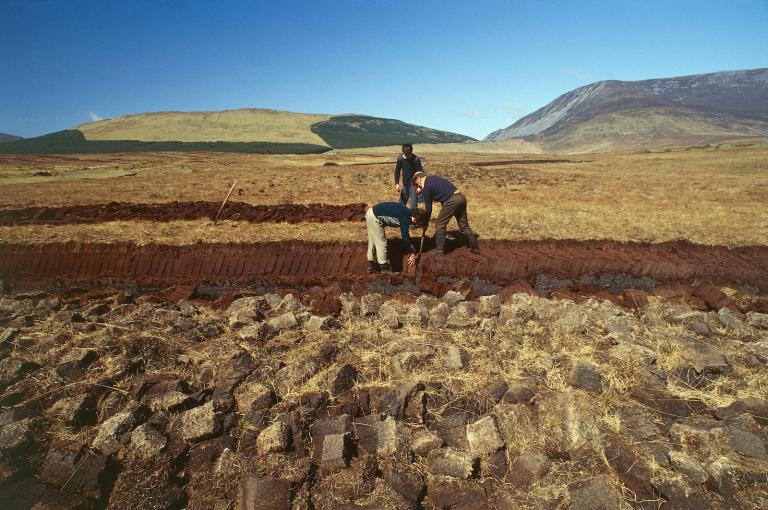 a landscape shot of three people cutting peat in a dry bog