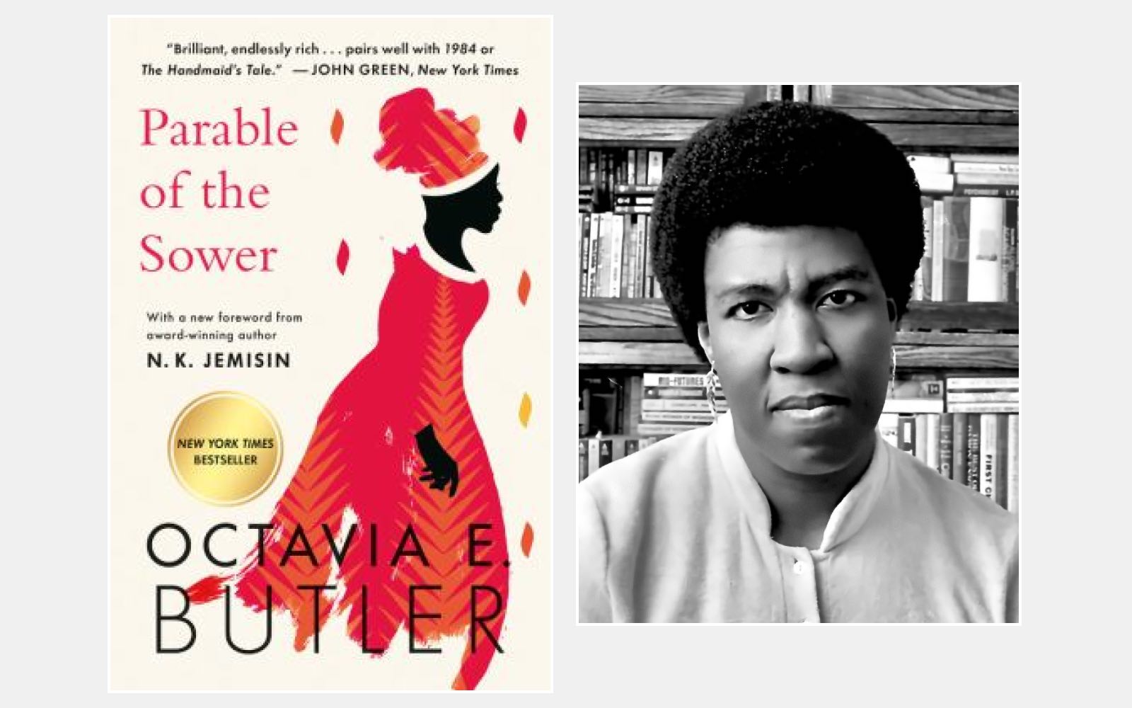 The cover of the novel Parable of the Sower next to a headshot of Octavia Butler.