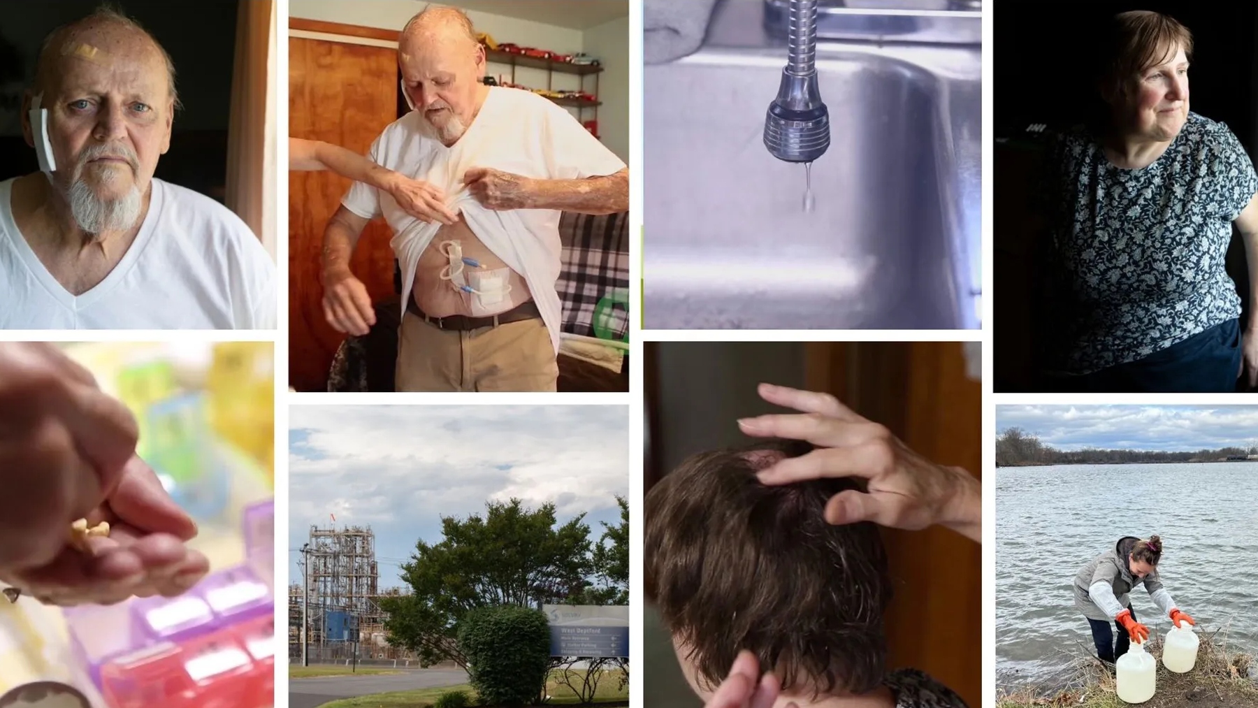 A series of six photos show a man with injuries, a tap, a woman, someone looking at a person's hair, a woman collecting water, a person holding pills, and an industrial facility.