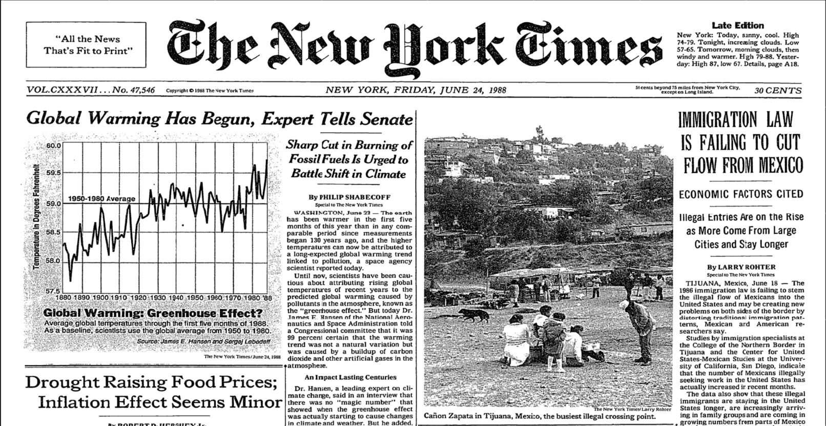 Front page of the New York Times from June 24, 1988 with "Global Warming Has Begun, Expert Tells Senate" printed in the top left corner.