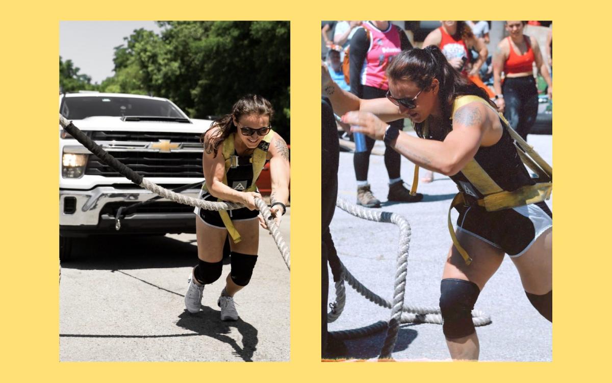 side-by-side photos of a woman in workout clothes pulling a truck outdoors while a crowd watches