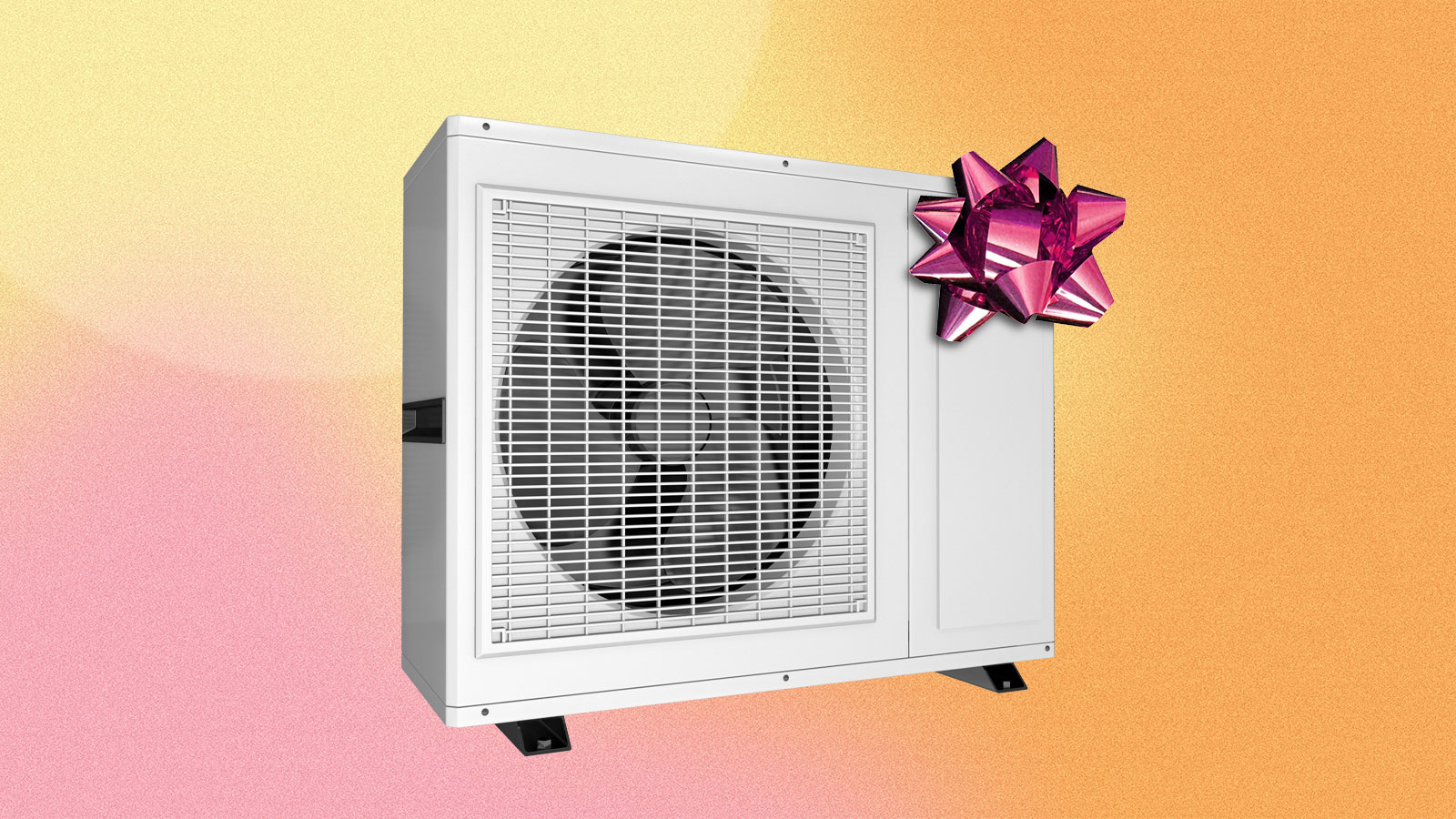 Heat pump with gift bow on the front on top of a colorful background