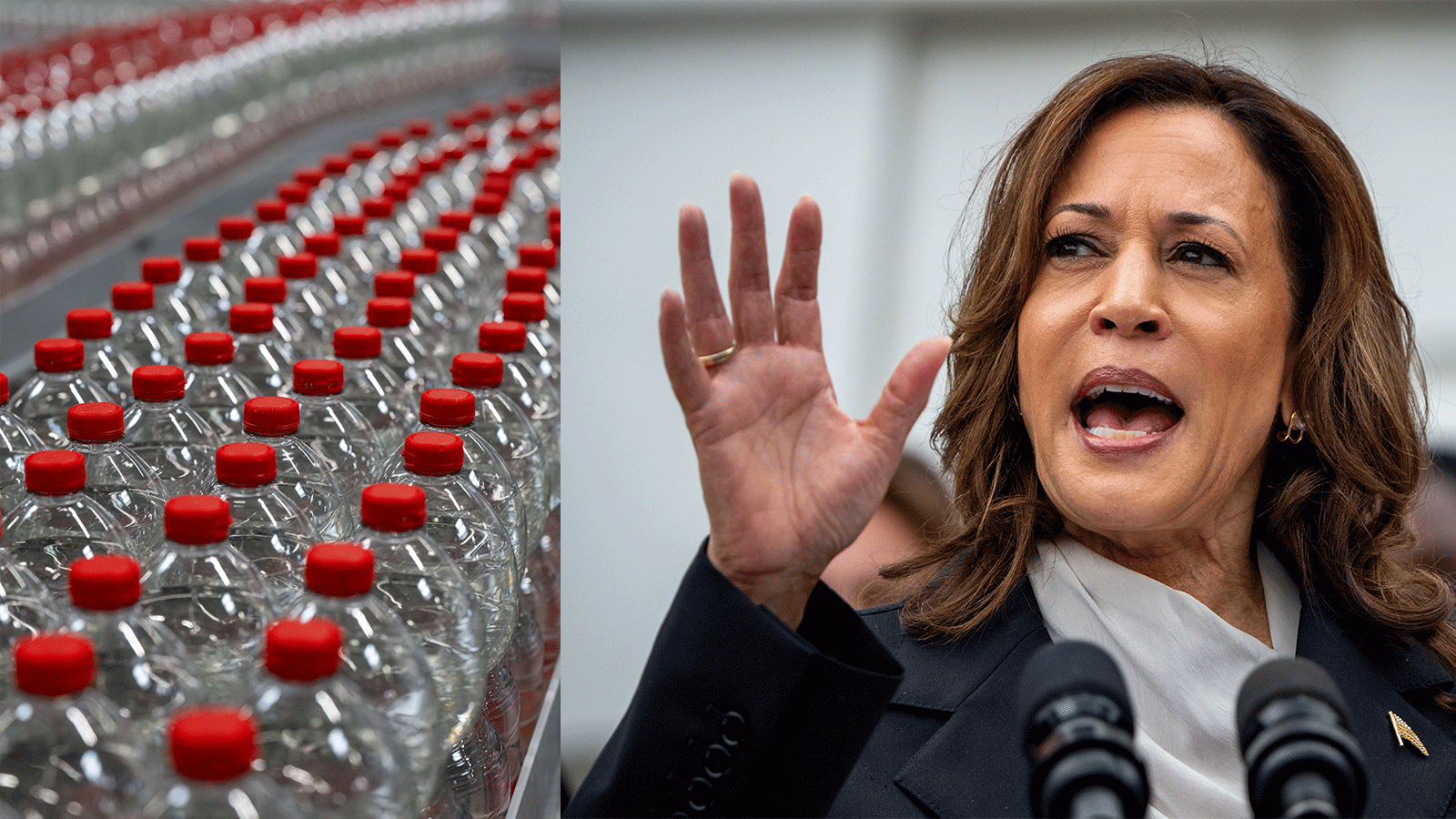 A photo of a row of plastic water bottles with red caps next to a photo of Kamala Harris raising her hand and speaking