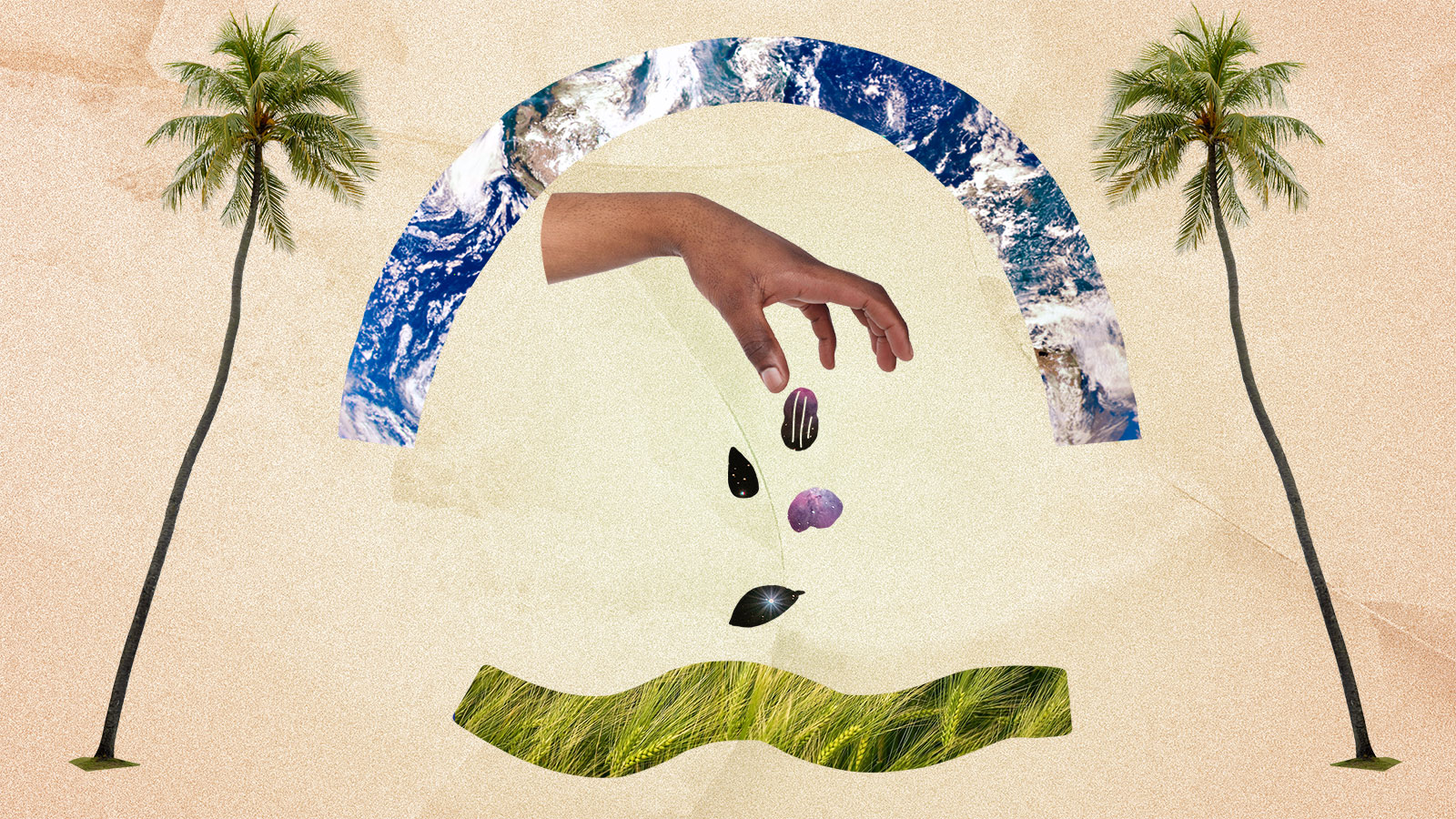 digital collage of a hand dropping seeds with palm trees on each side and cutouts of the Earth and green wheat stalks
