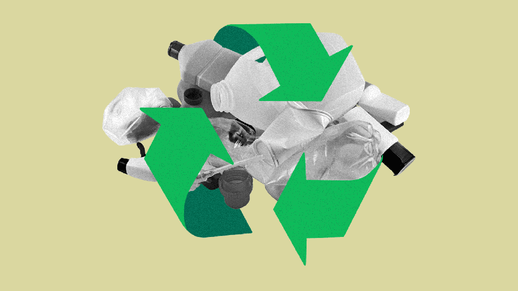 animation of a recycling symbol with plastic trash in the center with one arrow moving away from and then back into the symbol on a loop