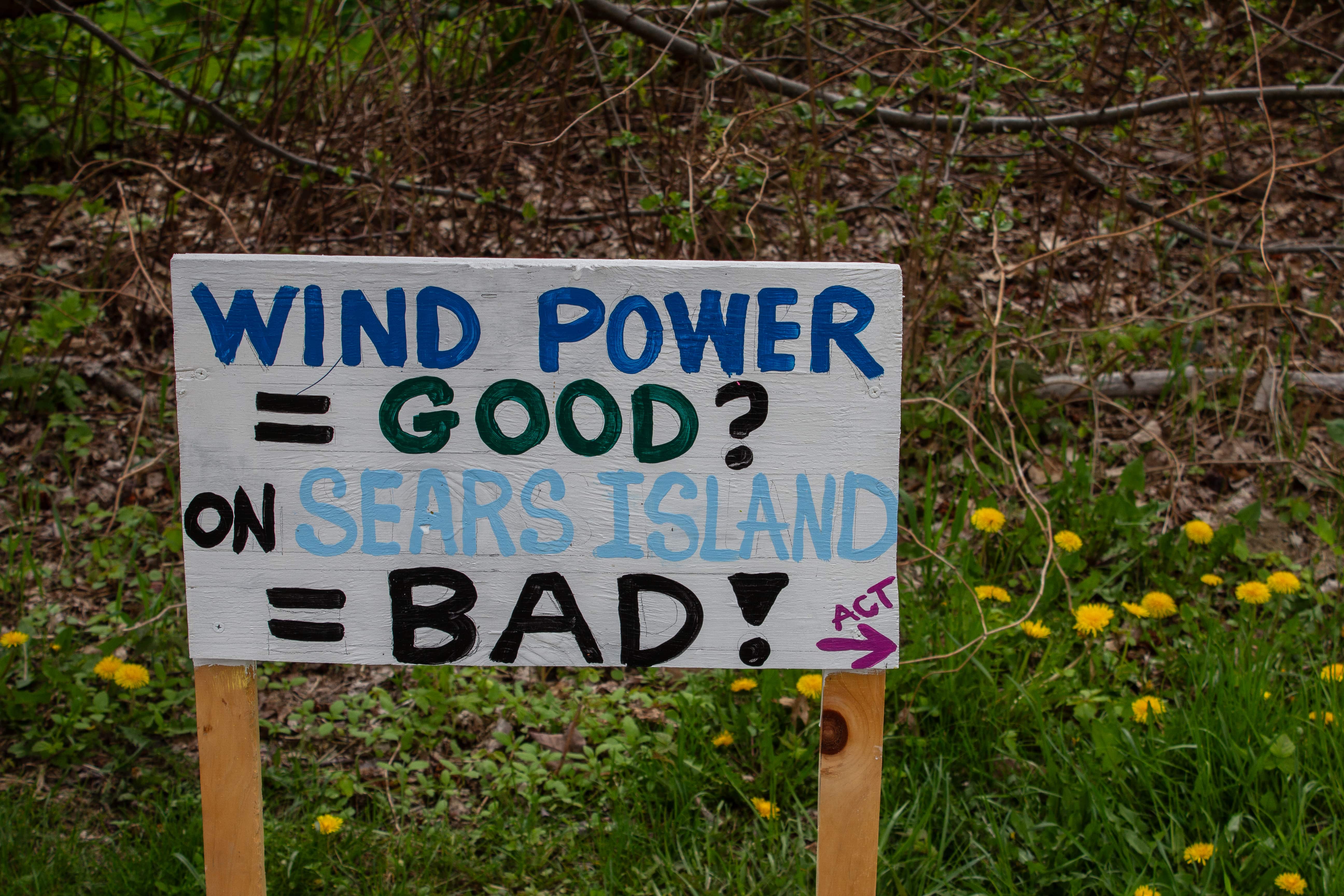 A wooden, handpainted sign sits in a patch of grass and wildflowers and reads Wind power equals good on sears island equals bad