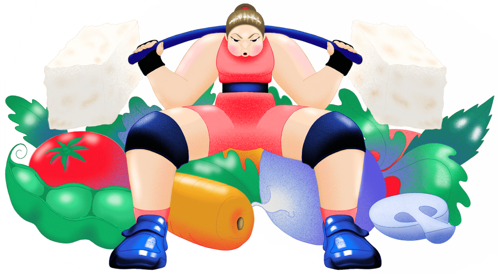 an illustration of a female weight lifter surrounded by vegetables and lifting two giant piece of tofu
