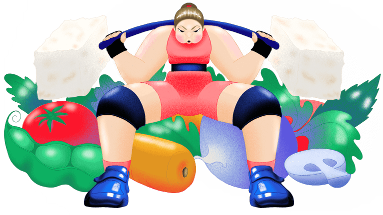Illustration of a female weightlifter surrounded by vegetables and lifting two giant pieces of tofu