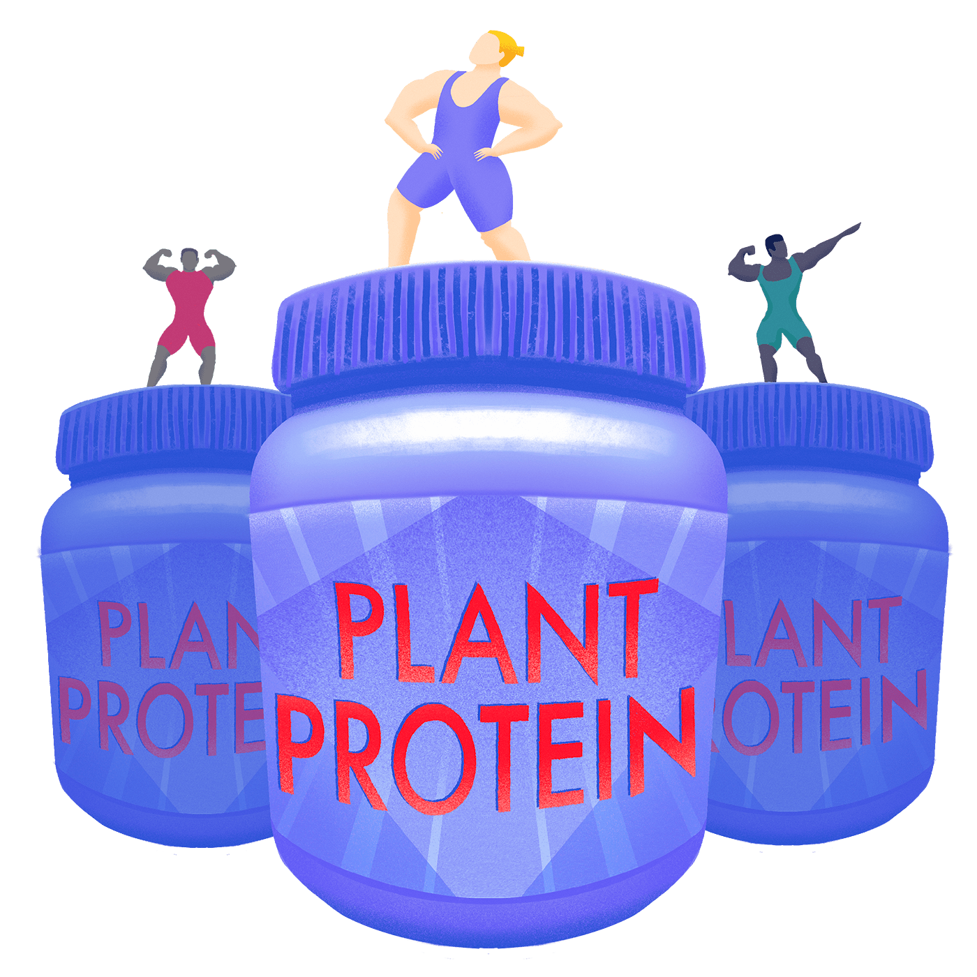 an illustration of people in workout gear standing on top of three tiered containers of plant protein