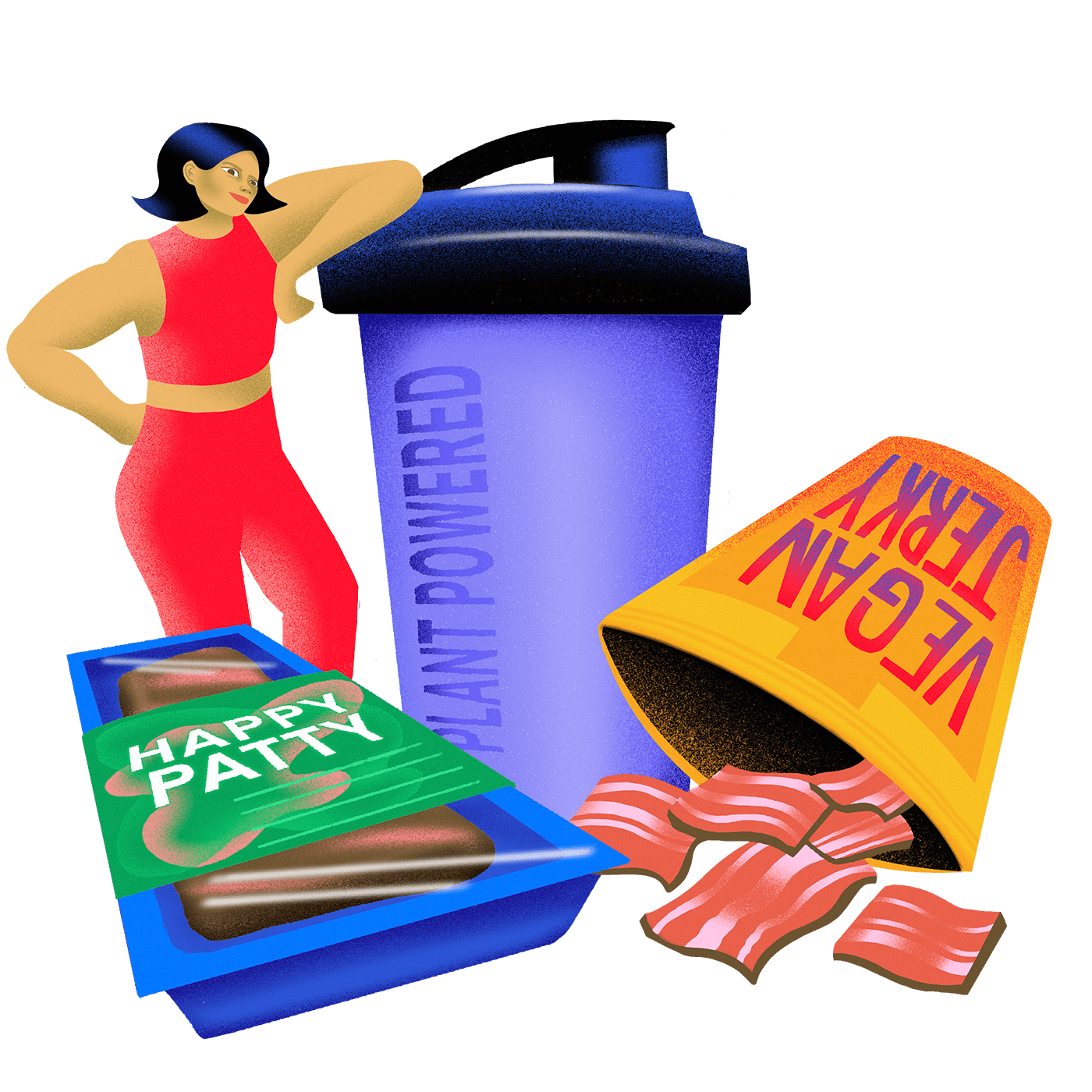 an illustration of a woman in workout clothes leaning on a giant sippy cup and standing near bags of vegetarian protein snacks