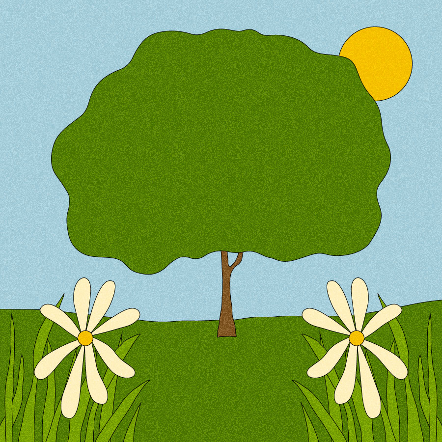 Illustration of large tree with flowers in foreground