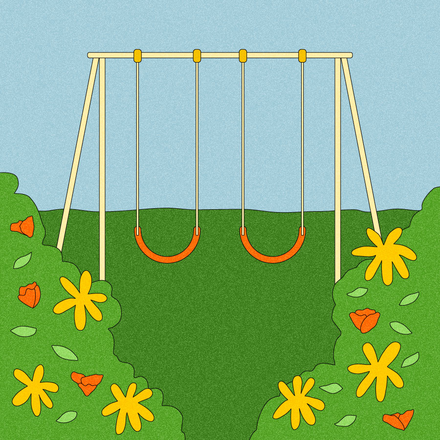 Illustration of swing set with blooming forest in the foreground