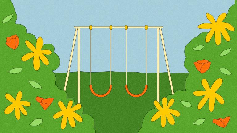 Illustration of swing set with blooming bush in foreground