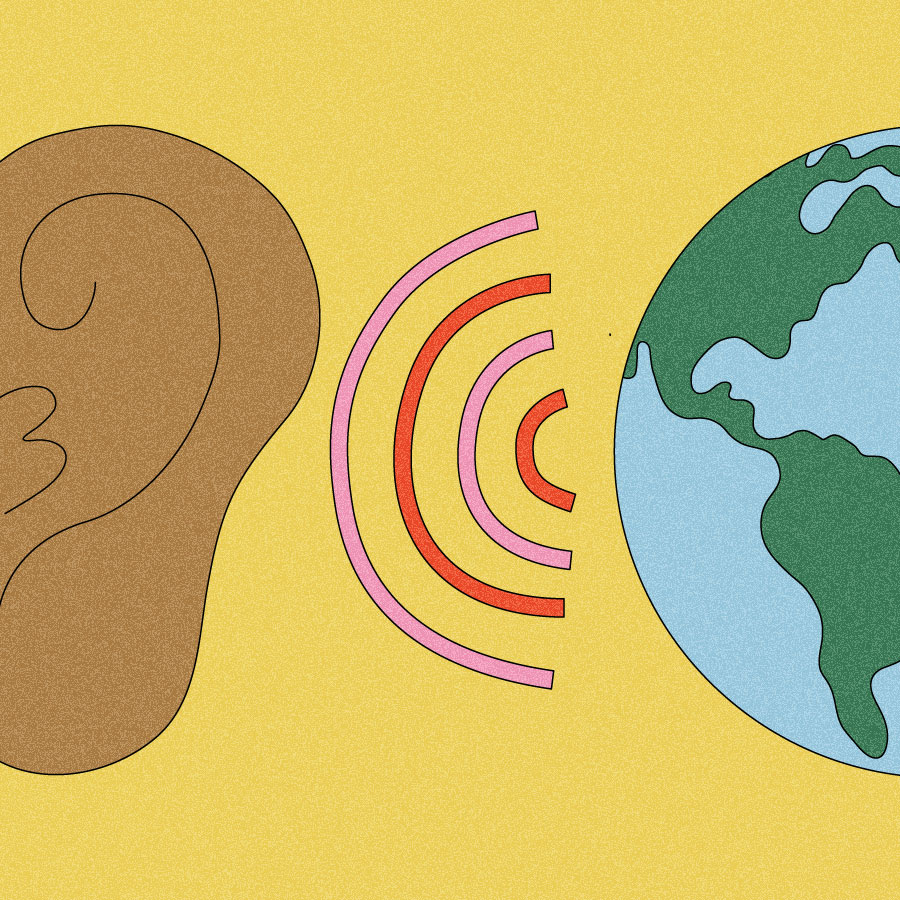 Illustration of ear tuning in to sound coming from the earth