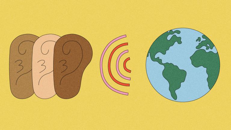 Illustration of ears tuning into sound coming from earth