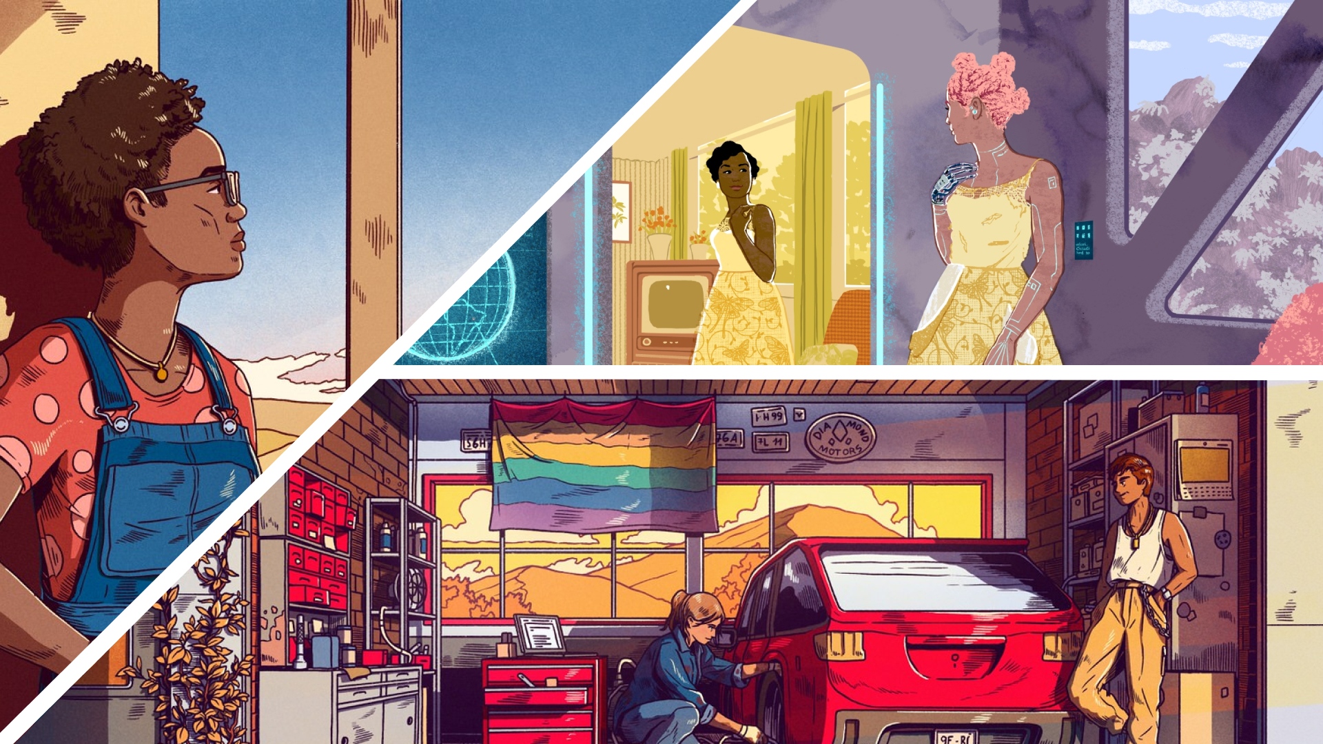 A collage of three illustrations: on the left, a Black woman in overalls looks out into the distance; at the top a Black woman in a yellow dress looks into a mirror and sees another woman in the same dress on the other side; and at the bottom a woman works on a red car in a cluttered garage