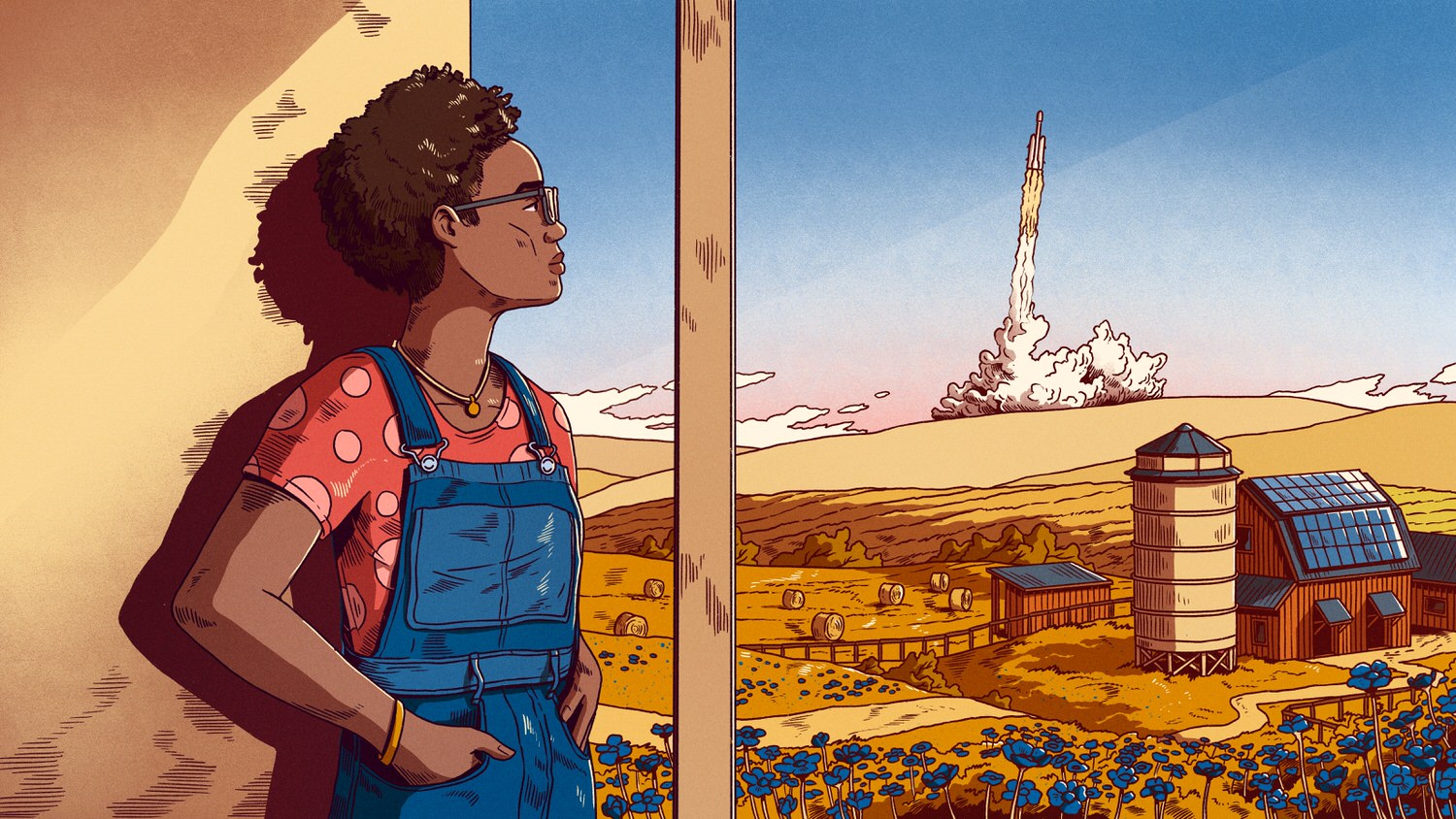 Illustration of a Black woman looking out a window over a farm. In the distance, a rocket launches towards space.