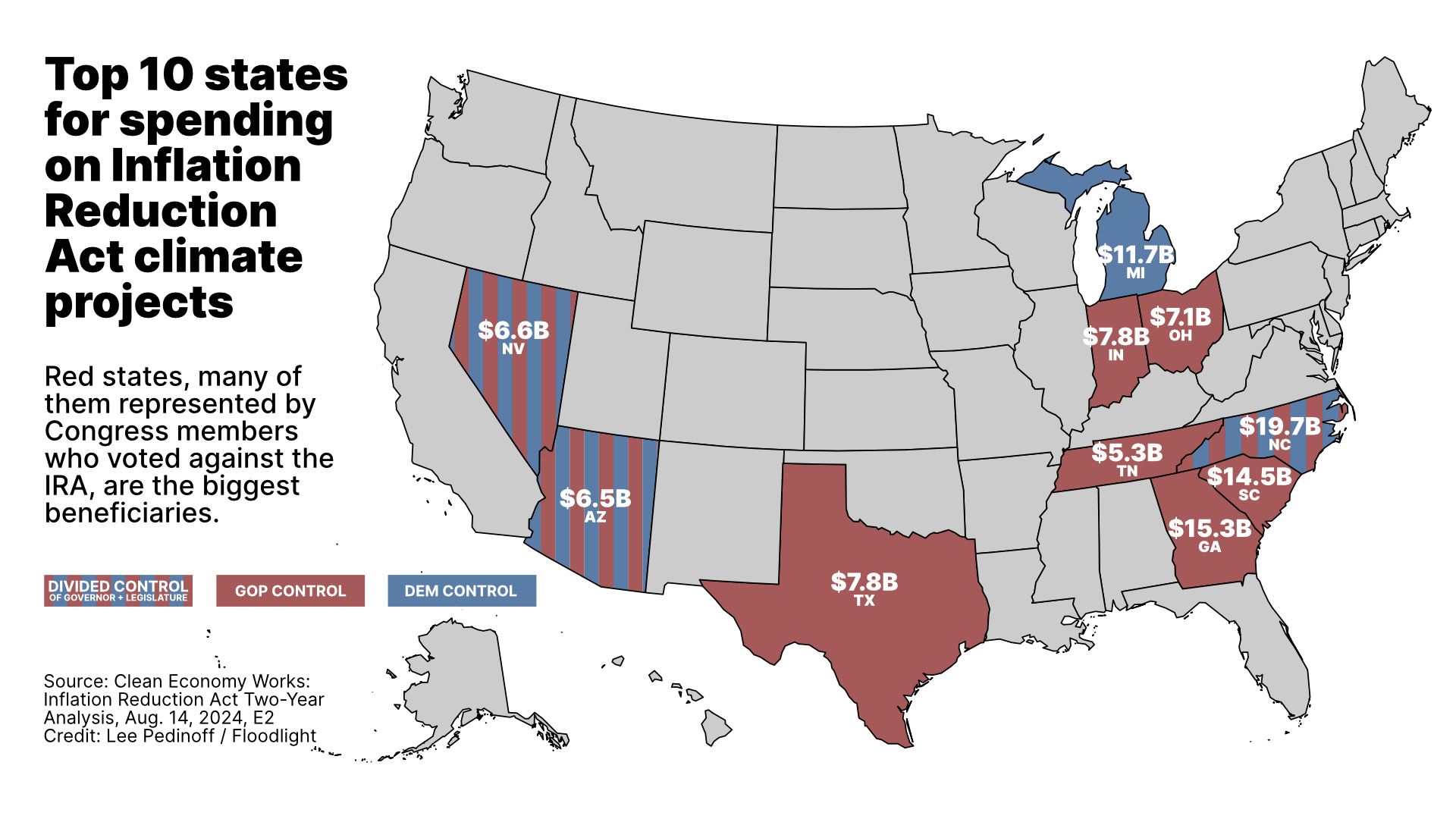 A map of the US showing the top ten states for IRA projects