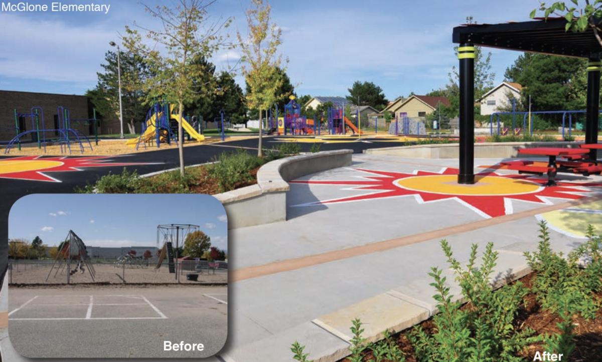 A photo of a school yard with trees and bushes, and a bright red and yellow sun pattern painted on pavement. In the lower right corner is a "before" image of the schoolyard when it was all gray pavement