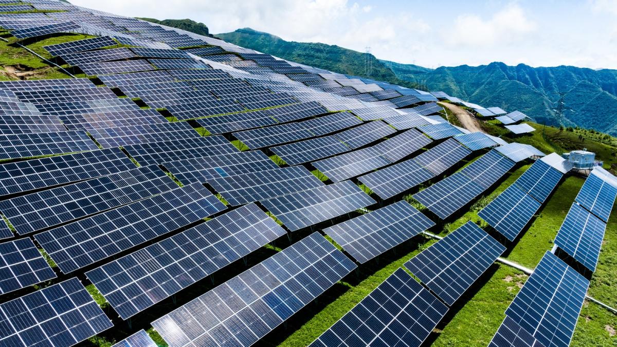 Photo of a field of solar panels on a slope