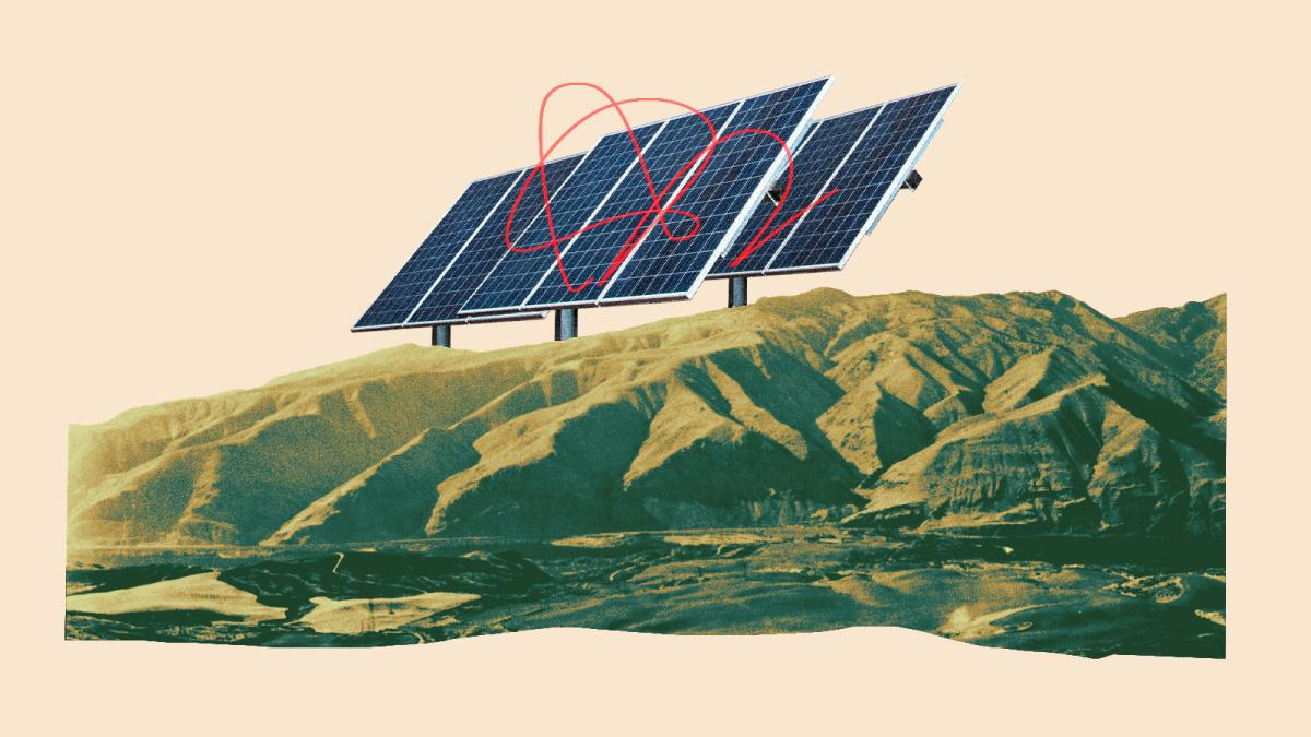 digital collage of Badger Mountain in Washington with large solar panels with a red scribble on top of them in the background