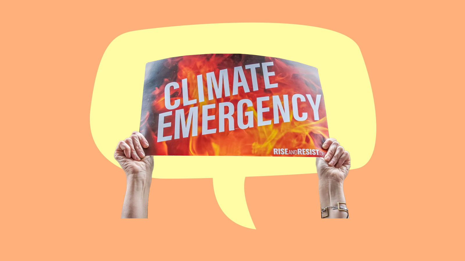 digital collage of hands holding a sign that reads climate emergency with a speech bubble behind the hands and sign