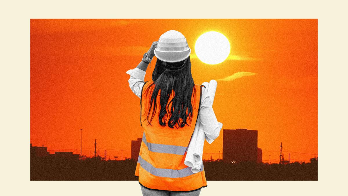 Digital collage of woman wearing a hardhat and a hi-viz vest holding papers looking at an orange and yellow sunset on a silhouetted city