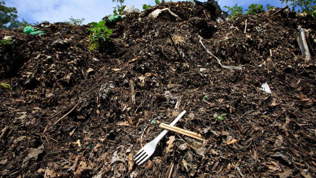 A plastic fork sits in a large pile of compost