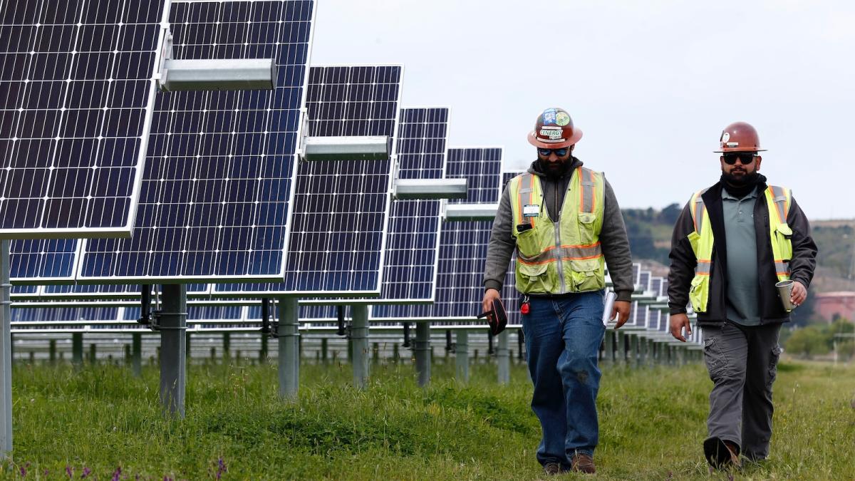 two construction workers walk through a field of solar arrays erected outside the Chevron refinery in Richmond, California.