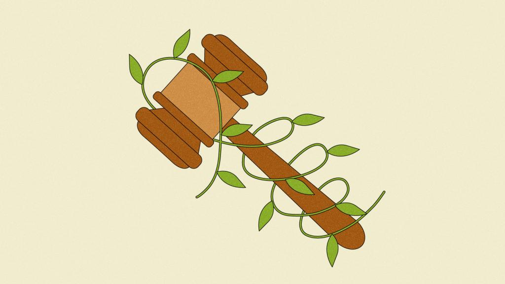 Illustration of gavel with leafy vine wrapped around it