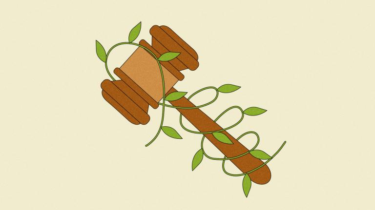 Illustration of gavel with leafy vine wrapped around it