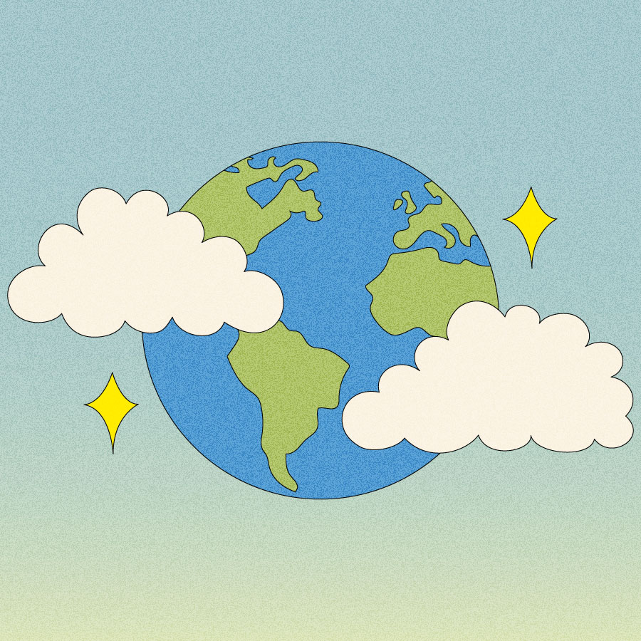 Illustration of earth peeking through puffy clouds